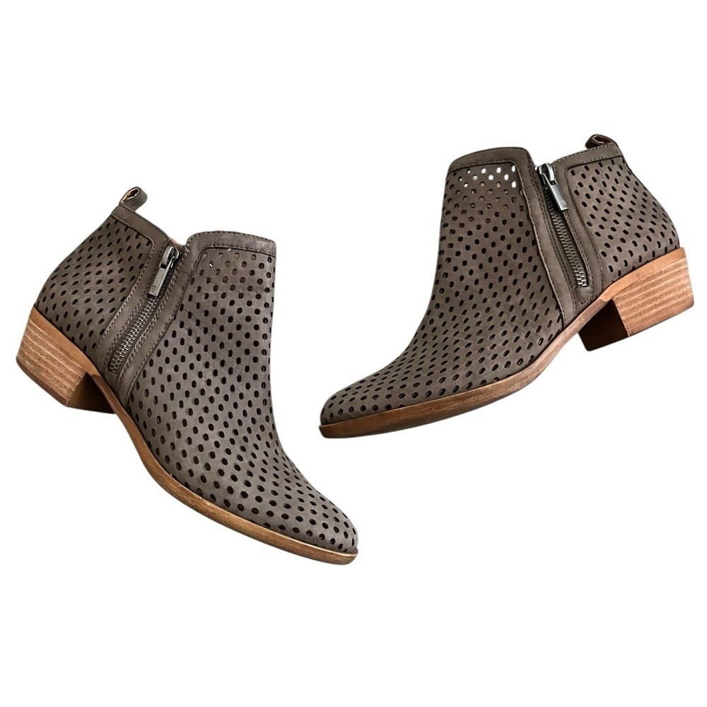 Lucky Brand Basel Booties Womens 7.5 Gray Perforated Leather Zip Ankle Boots